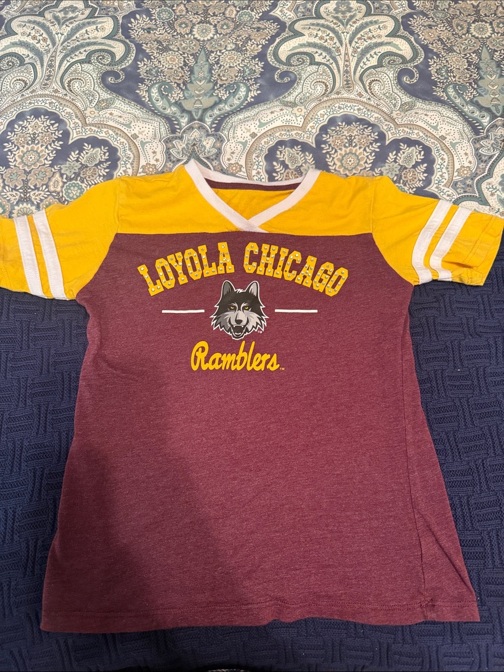 Loyola Chicago Ramblers Kids' Maroon and Yellow Short-Sleeve V-Neck Tee